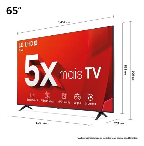 Smart TV 4K 65" LG UHD 65UT8050 Processador α5 Ger7 AI Alexa/Chromecast integrado Otimizador de Jogos webOS 24 Controle Smart Magic