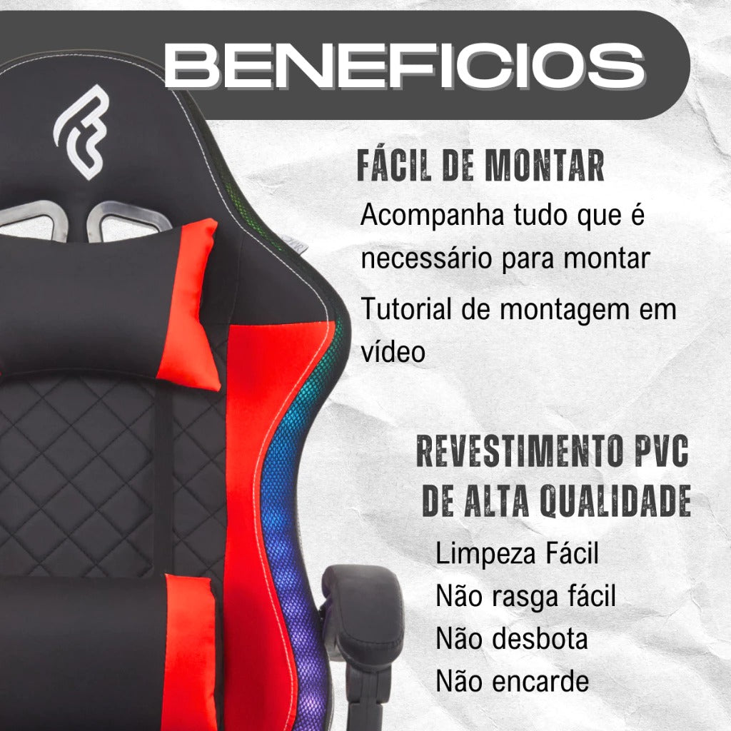 Cadeira de Escritório Gamer FOHAR LED RGB CONTROLE REMOTO Ajustável Reclinável Pro Conforto Giratória