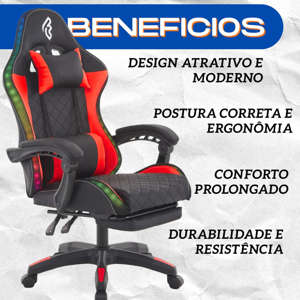 Cadeira de Escritório Gamer FOHAR LED RGB CONTROLE REMOTO Ajustável Reclinável Pro Conforto Giratória