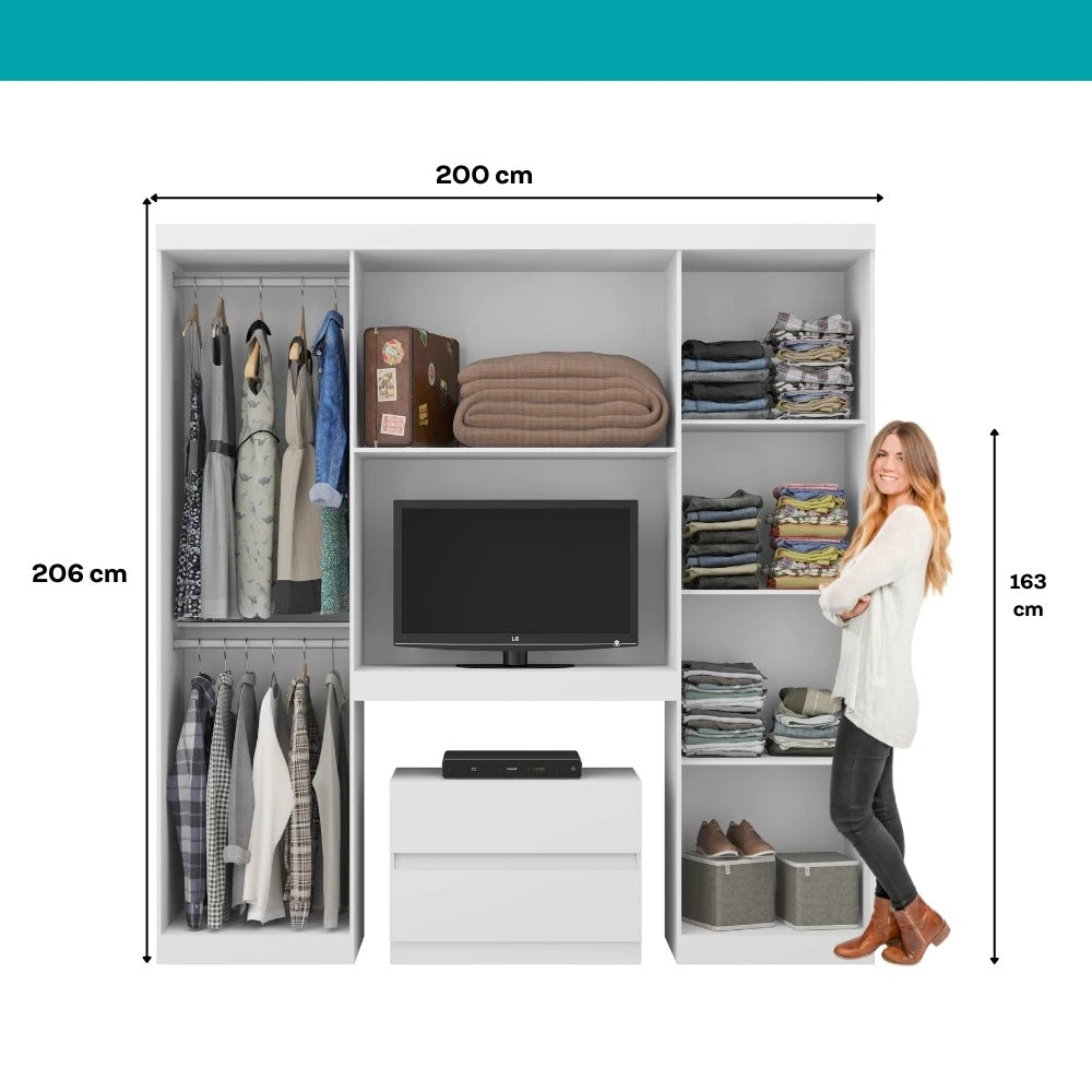 Guarda Roupa Casal 6 Portas 2 Gavetas Porto Branco com Painel de TV Carraro