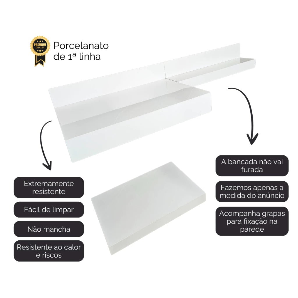Kit Bancada + Prateleira e Extensor Branco 70x45 100% Porcelanato Resistente