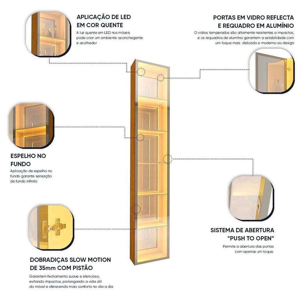 Cristaleira 1 Porta Reflecta com Fita Led com Espelho Luminare 100% Mdf