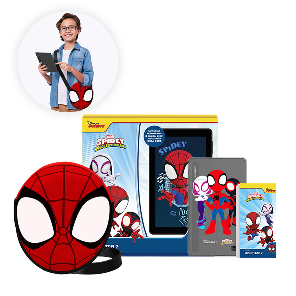 Tablet Positivo Vision Tab 7 Spidey - Octa-Core 3GB RAM 64GB, 7” IPS, Android 14 Go, Wi-fi - Capa e Bolsa - Preto
