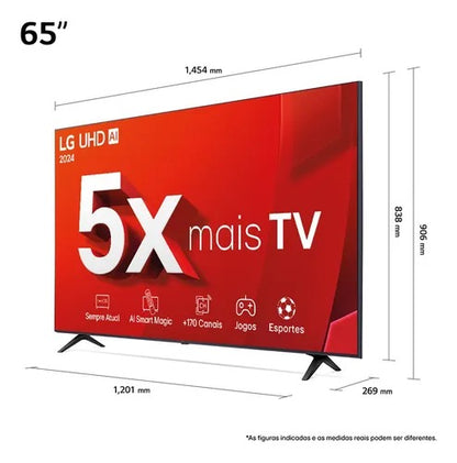 Smart TV 4K 65" LG UHD 65UT8050 Processador α5 Ger7 AI Alexa/Chromecast integrado Otimizador de Jogos webOS 24 Controle Smart Magic