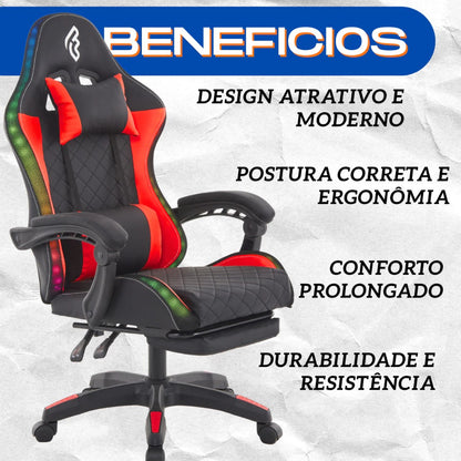 Cadeira de Escritório Gamer FOHAR LED RGB CONTROLE REMOTO Ajustável Reclinável Pro Conforto Giratória