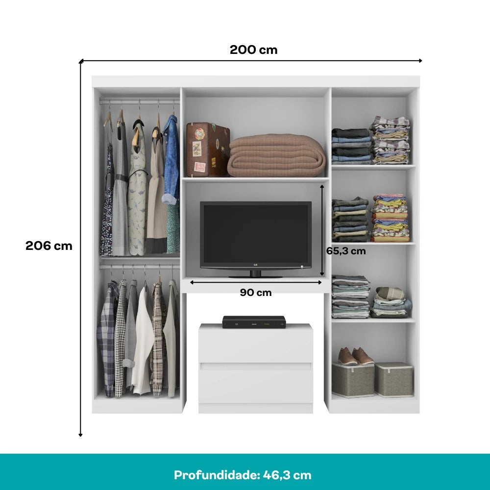 Guarda Roupa Casal 6 Portas 2 Gavetas Porto Branco com Painel de TV Carraro