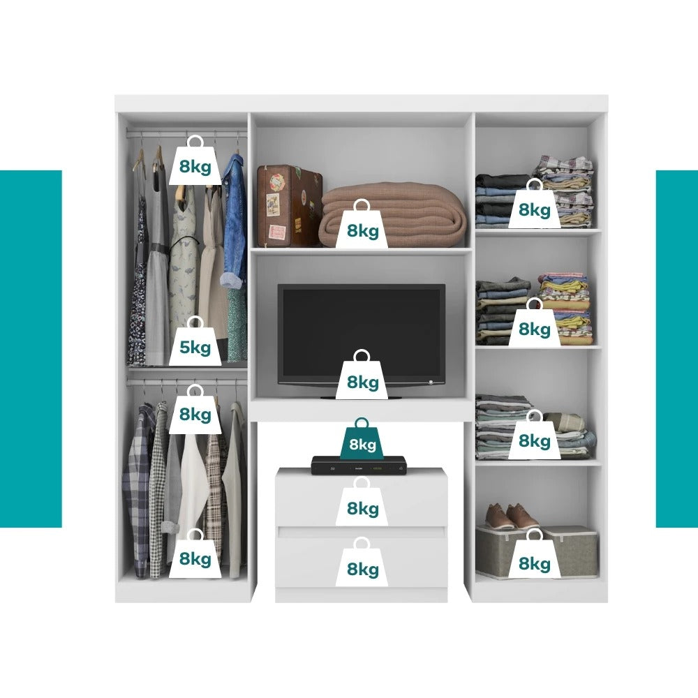 Guarda Roupa Casal 6 Portas 2 Gavetas Porto Branco com Painel de TV Carraro